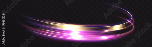 Bright glowing light trail with pink and golden streaks creating a sense of speed and motion. Smooth curved energy flow with soft luminous effect isolated on transparent background.
