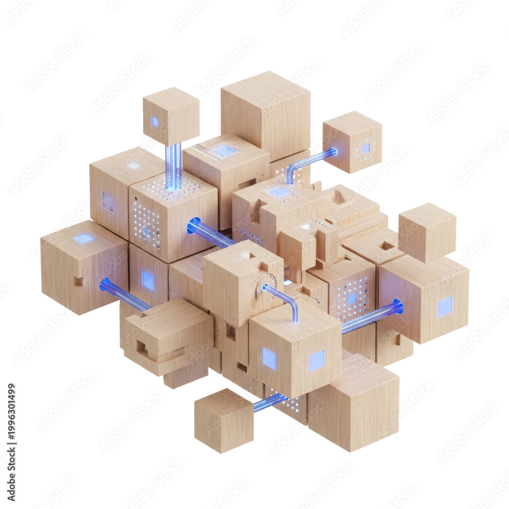 Fototapeta premium 3d geometric cubes forming abstract floating structure isolated on transparent background, illustration
