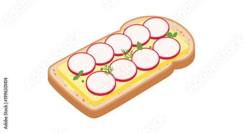 A vector graphic illustration of toast with radish slices and butter