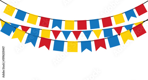 A colorful banner with red, blue, and yellow flags on strings