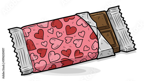 A colorful illustration of a chocolate bar with a pink heart patterned wrapper