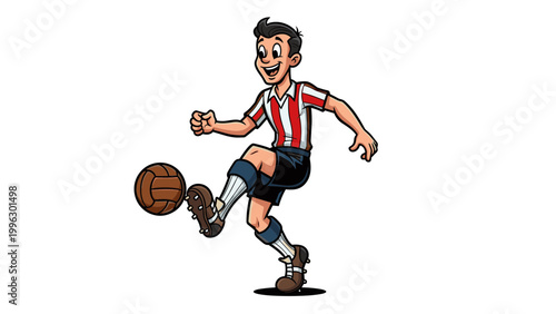 A cartoon illustration of a soccer player kicking a ball in mid-action
