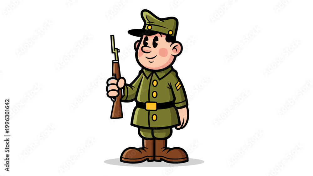 Obraz premium A cartoon soldier holding a rifle in a green uniform and hat