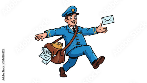 A cheerful cartoon mailman delivering letters in a playful leap