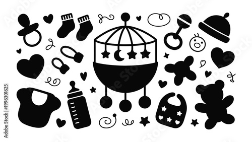 Whimsical Nursery Silhouette: A charming collection of baby essentials, including a crib mobile, pacifier, socks, a bottle, rattle, and teddy bear, arranged in a playful and delightful pattern.
