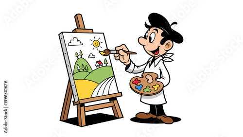 A cartoon painter creating a vibrant landscape on an easel