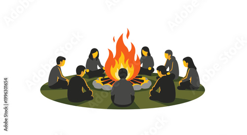A group of people sitting around a campfire in a circle