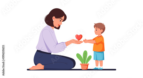 A mother and son sharing a heart with a plant nearby