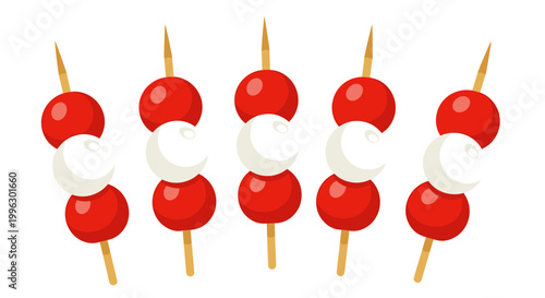 A vector graphic illustration of colorful food skewers on a white background