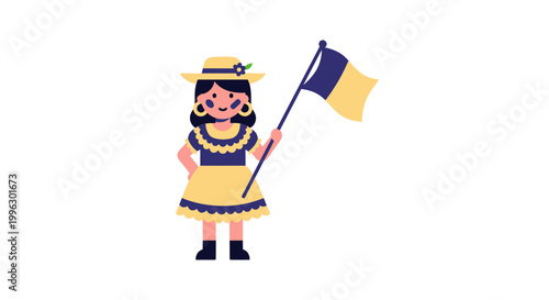 A cartoon girl in a yellow dress holding a Ukrainian flag