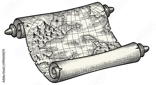 A detailed vector illustration of an ancient parchment scroll with a map