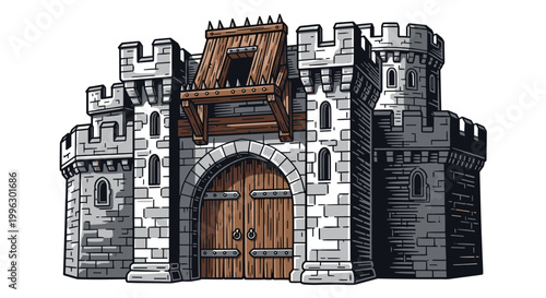 A medieval castle gate with a wooden door and stone walls in a vector illustration