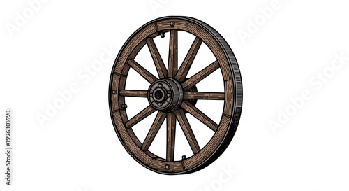 A rustic wooden wagon wheel with a distressed finish and metal rim