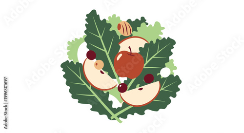 A vibrant vector graphic of a kale leaf with sliced apples and cranberries
