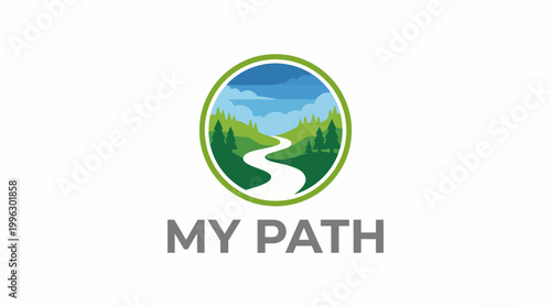 The 'My Path' logo showcases a serene river winding through lush greenery, representing nature, tranquility, and personal journeys in a visually appealing design.