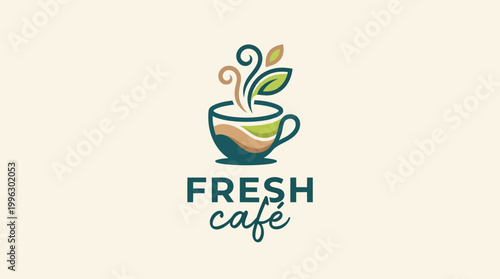 This elegantly designed café logo features a steaming coffee cup integrated with green leaves, symbolizing freshness and inviting customers to enjoy delightful beverages.