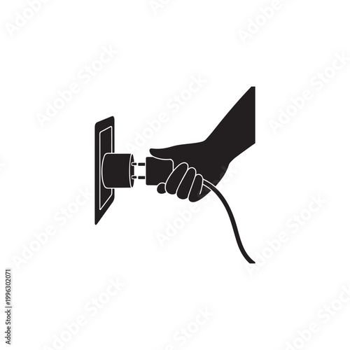 Black silhouette of a hand holding an electrical plug and inserting it into a wall outlet