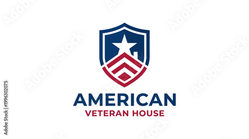 The logo design for an American Veteran House highlights a shield and star symbolizing patriotism, honor, and support for veterans, promoting community engagement and gratitude.