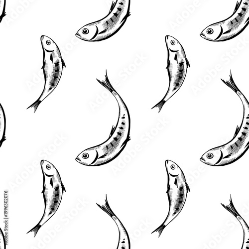 Sardine fish seamless pattern in minimalist black and white vector line art. Repeating nautical background for seafood packaging, marine textile print, organic food wrapping and wallpaper design