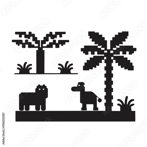 Retro Monochrome Pixel Art Jungle Landscape Featuring Wild Animals and Plants