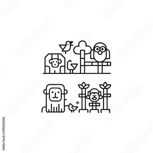 Black and White Retro Pixel Art Jungle Scene Featuring Tropical Plants and Animals