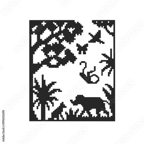 Minimalist Monochrome Pixel Art Jungle Illustration with Wild Animals and Trees