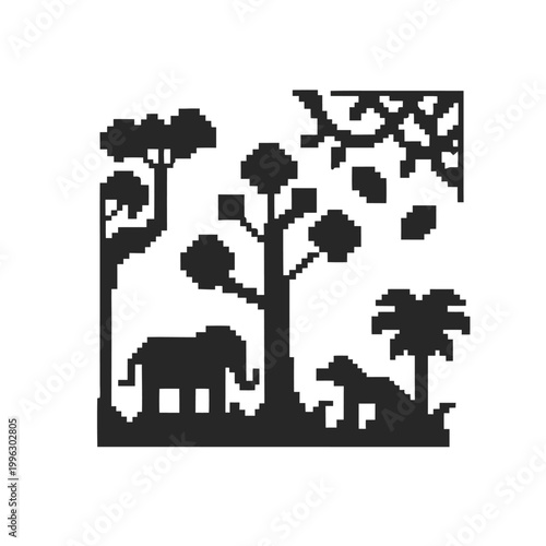 Detailed Pixel Art Jungle Landscape with Animals in Black and White Palette