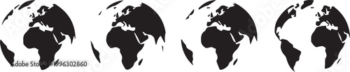 Set of minimalist world globe icons showing different continents, earth sphere map silhouette.