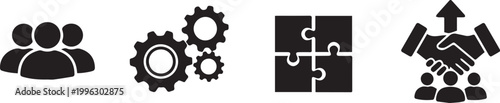 Business teamwork and strategy icon set including gears, puzzle, handshake and group.