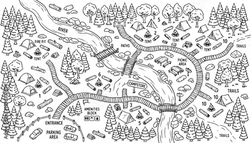 Outline vector illustration of a national park map with hiking trails and campsite