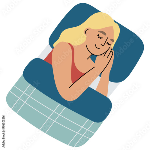 Peaceful woman sleeping in bed at night. Flat vector illustration with cozy bedding and calm mood. Perfect for sleep, wellness, relaxation, bedtime routine and healthy lifestyle design.
