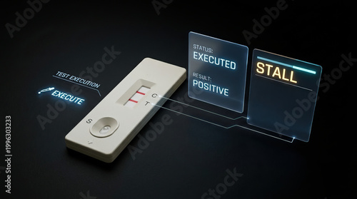 Positive rapid test kit with executed status and stall message black background, medical diagnostic tool showing two red lines indicating positive result, futuristic digital interface displaying