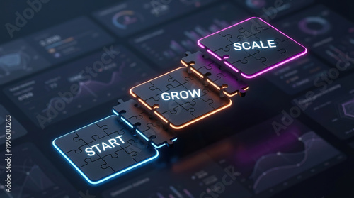 Start grow scale puzzle pieces forming low scale concept with glowing neon light on dark background showing business growth process