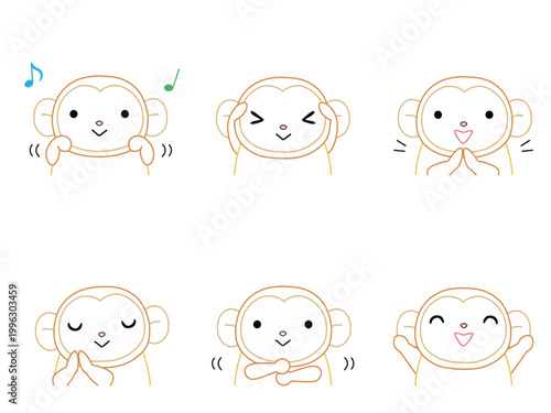 手遊びをするサルのイラストセット　カラー線画
