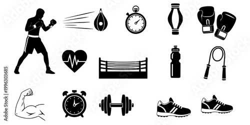 Boxer Shadow Boxing Training Silhouette Vector - Gym Workout Icon