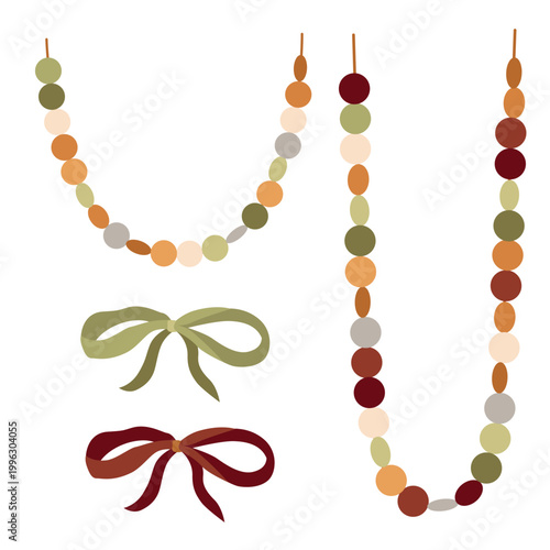 Hand-drawn set of dot paper garlands and bows, autumn party decor in warm colors for event or holiday decoration