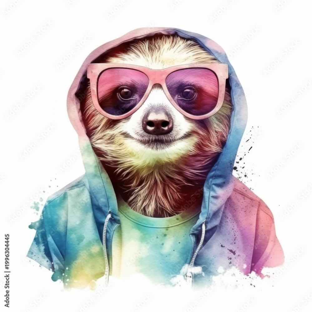 Fototapeta premium Cool sloth wearing colorful sunglasses and a hoodie strikes a fun pose with vibrant watercolor effects