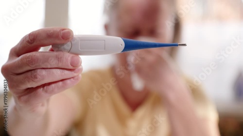 Electronic medical thermometer for measuring temperature in hand of woman with cold close-up