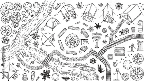 Outdoor adventure illustration with forest elements, camping gear and hiking trails sketch.