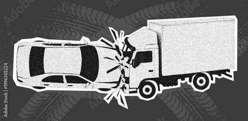 Car and Truck Accident, Car Crash Illustration in Retro Halftone Stipple Style