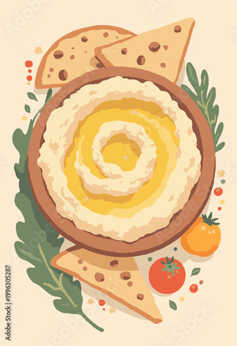 topdown, minimalist Levantine Mezze flat lay perfect circle hummus geometric swirl, stylized pool olive oil, flat pita bread triangle Culinary heritage graphic Blank space above No text