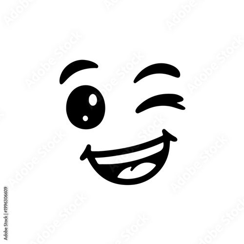 Cartoon winking face with big eye and wide smile in black and white illustration.