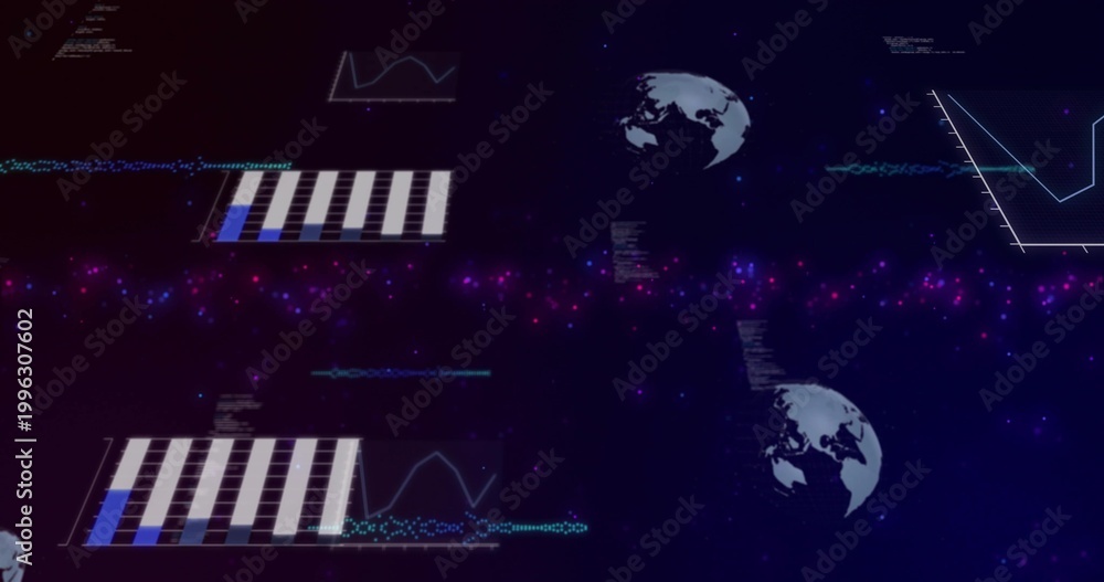 Fototapeta premium Displaying magenta band with striped bars and cyan waveforms in data dashboard with globe icons