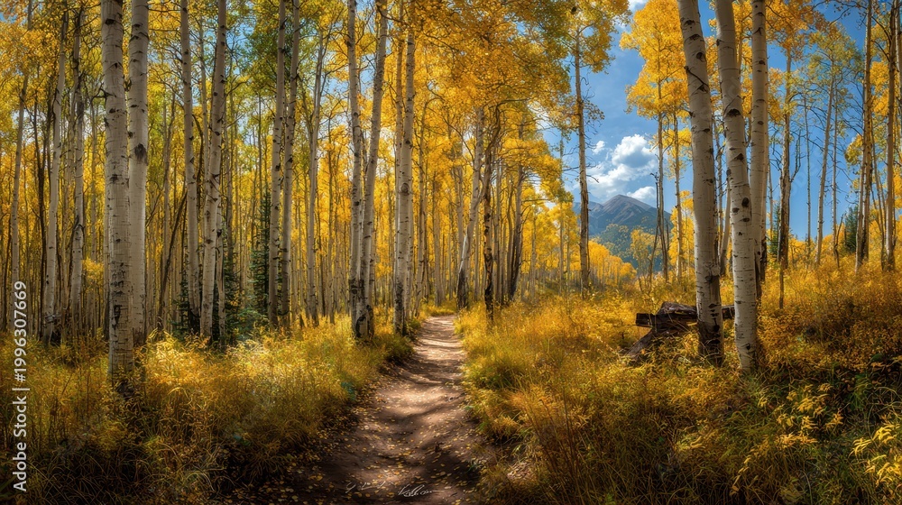 Fototapeta premium Tranquil trail through a golden aspen stand during autumn in the mountains