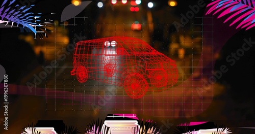 Floating red wireframe SUV-like car glowing above faint grid on nighttime street, tropical leaves