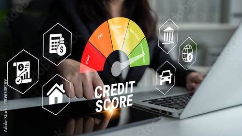 Foto A business professional examines a credit score graphic on a laptop, surrounded by financial icons, highlighting the importance of personal finance in a modern office setting