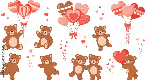 Adorable brown teddy bears holding heart shaped balloons on white background with confetti and hearts