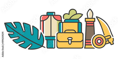 Cultural travel elements and tropical leaf illustration, vector