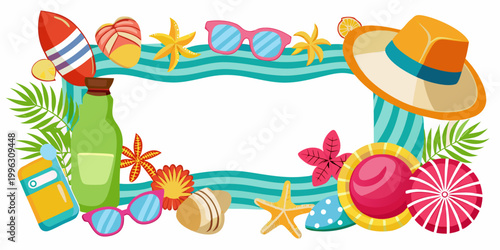 Summer beach accessories decorative frame with copy space, vector