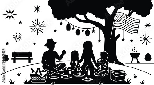 A family enjoys a picnic under a tree with an American flag on a festive evening